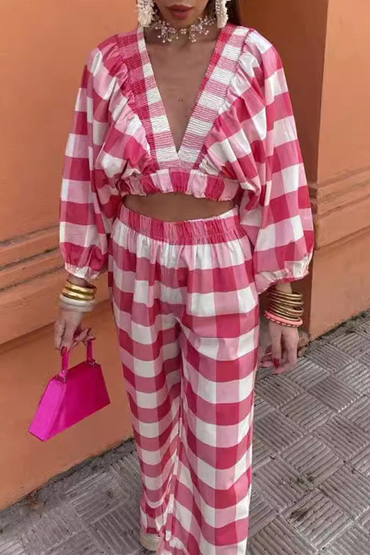 Angelika® | Casual cute plaid contrast long sleeve V-neck two piece suit