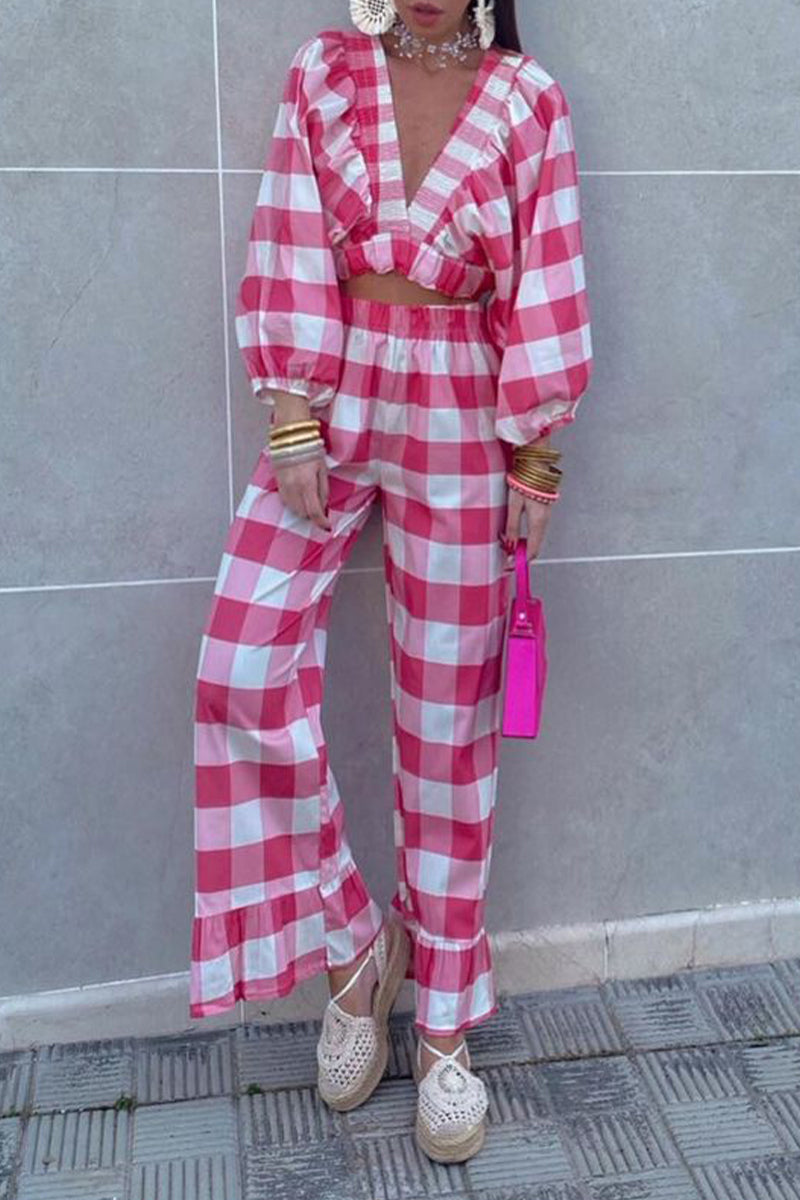 Angelika® | Casual cute plaid contrast long sleeve V-neck two piece suit