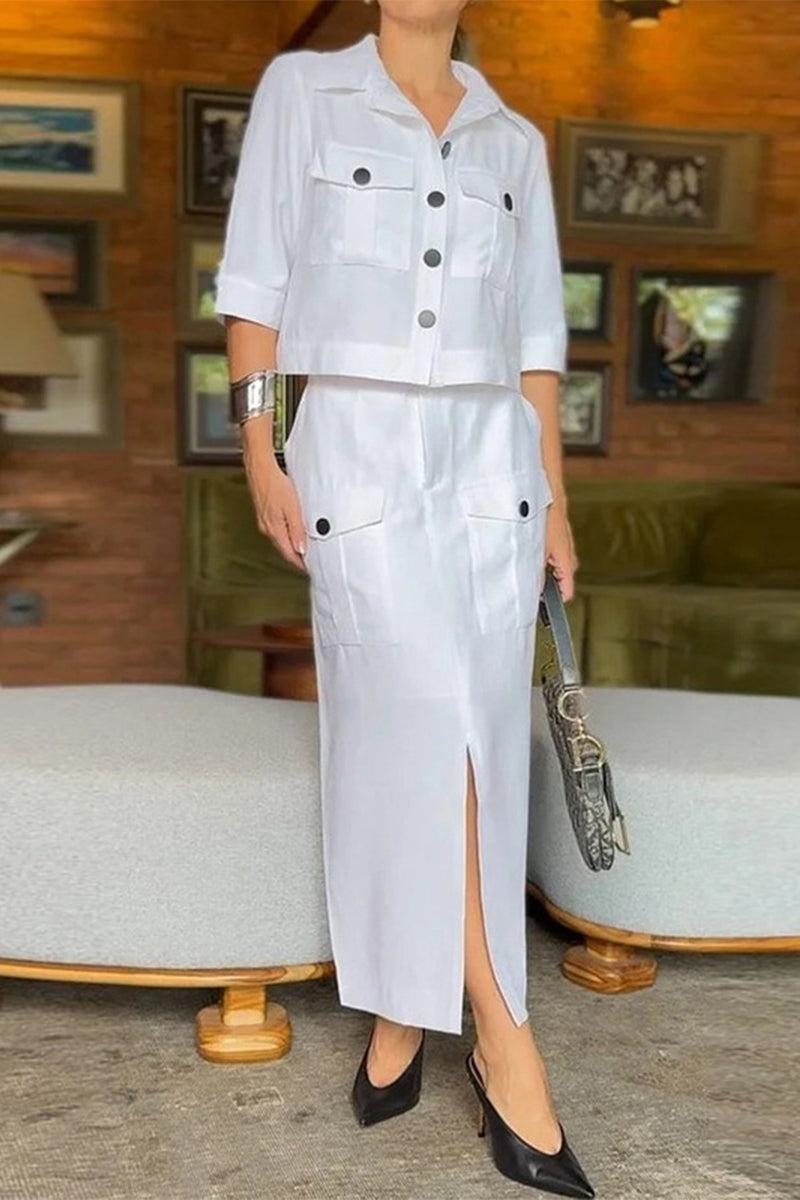 Anika® | Casual solid pocket buttons, slit, turn-down collar, half sleeves, two-piece
