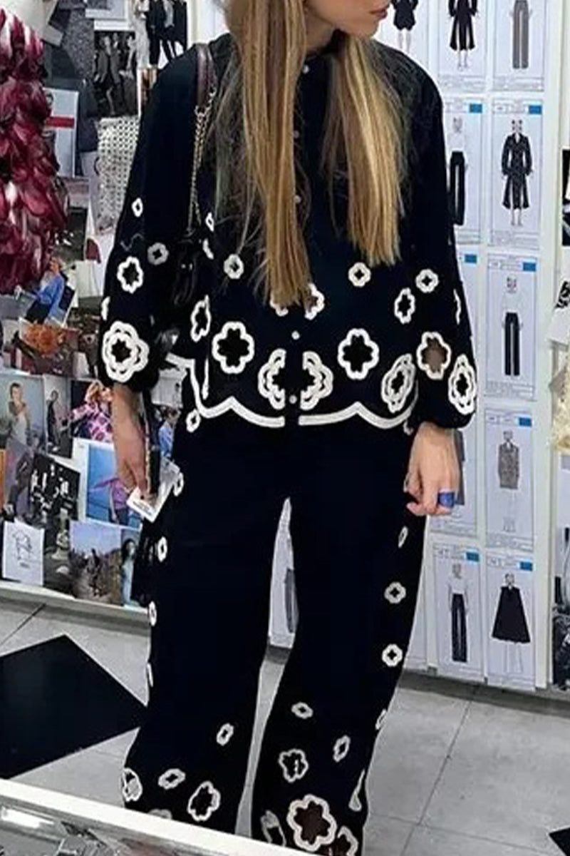 Ann® | Casual solid hook flower, hollow out turn-down collar, long sleeves, two-piece