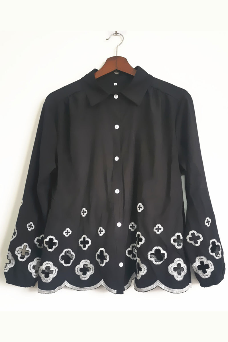 Ann® | Casual solid hook flower, hollow out turn-down collar, long sleeves, two-piece