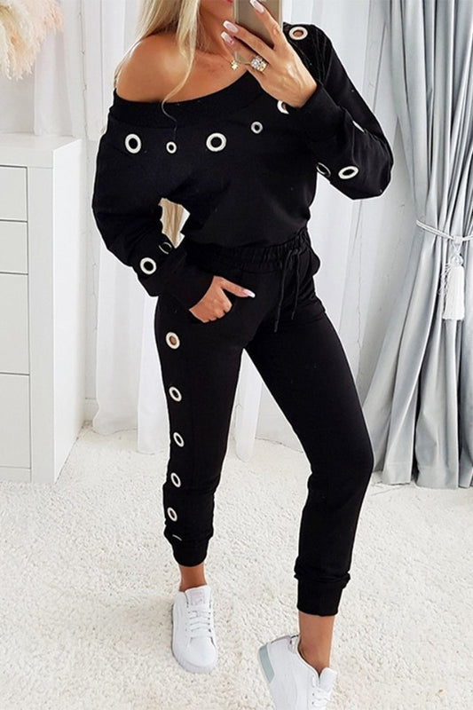 Anita® | Casual solid bag, metal accessories, decoration, slanted collar, long sleeves, two-piece