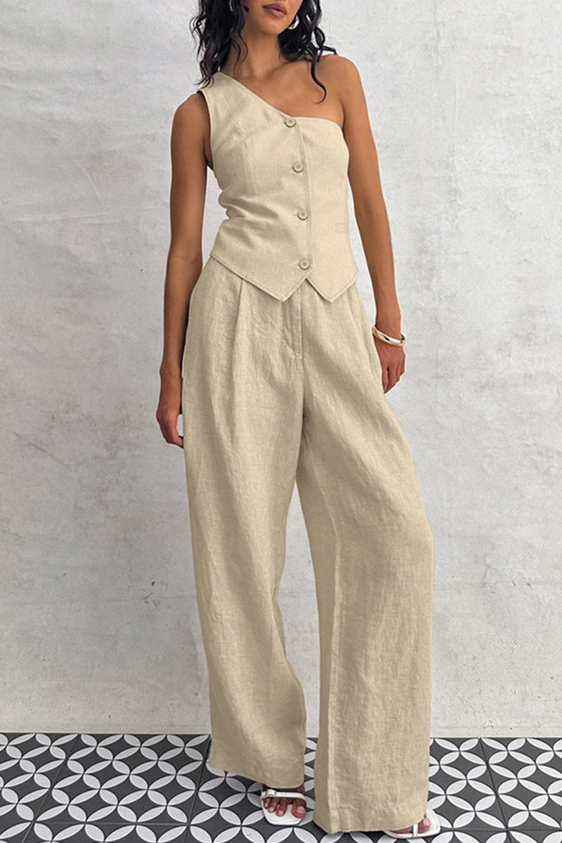 Dorotea® | Casual simplicity, solid pocket buttons, slanted collar, sleeveless, two-piece