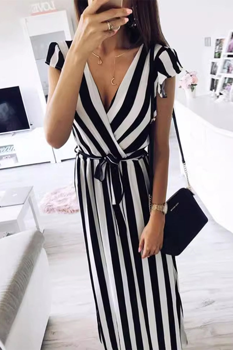 Dominique® | Elegant striped short sleeve A-line bandage dress with V-neck