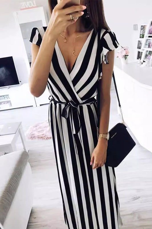 Dominique® | Elegant striped short sleeve A-line bandage dress with V-neck
