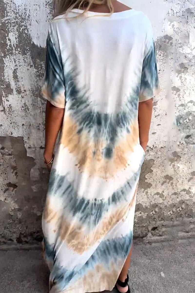 Celeste® | Casual Print Tie Dye Pocket V-neck A-line Short Sleeve Dress (4 Colors)