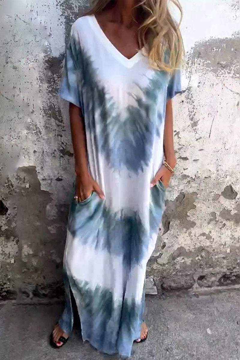 Celeste® | Casual Print Tie Dye Pocket V-neck A-line Short Sleeve Dress (4 Colors)
