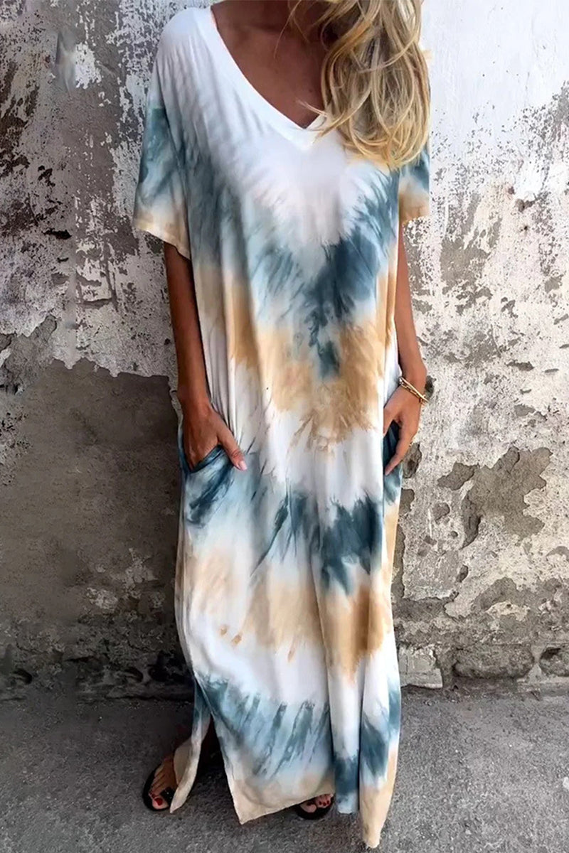 Celeste® | Casual Print Tie Dye Pocket V-neck A-line Short Sleeve Dress (4 Colors)