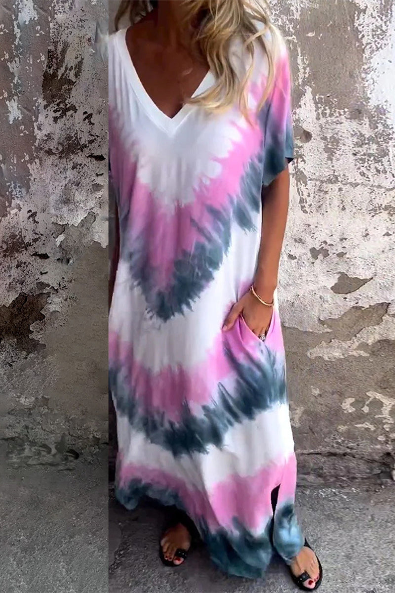 Celeste® | Casual Print Tie Dye Pocket V-neck A-line Short Sleeve Dress (4 Colors)