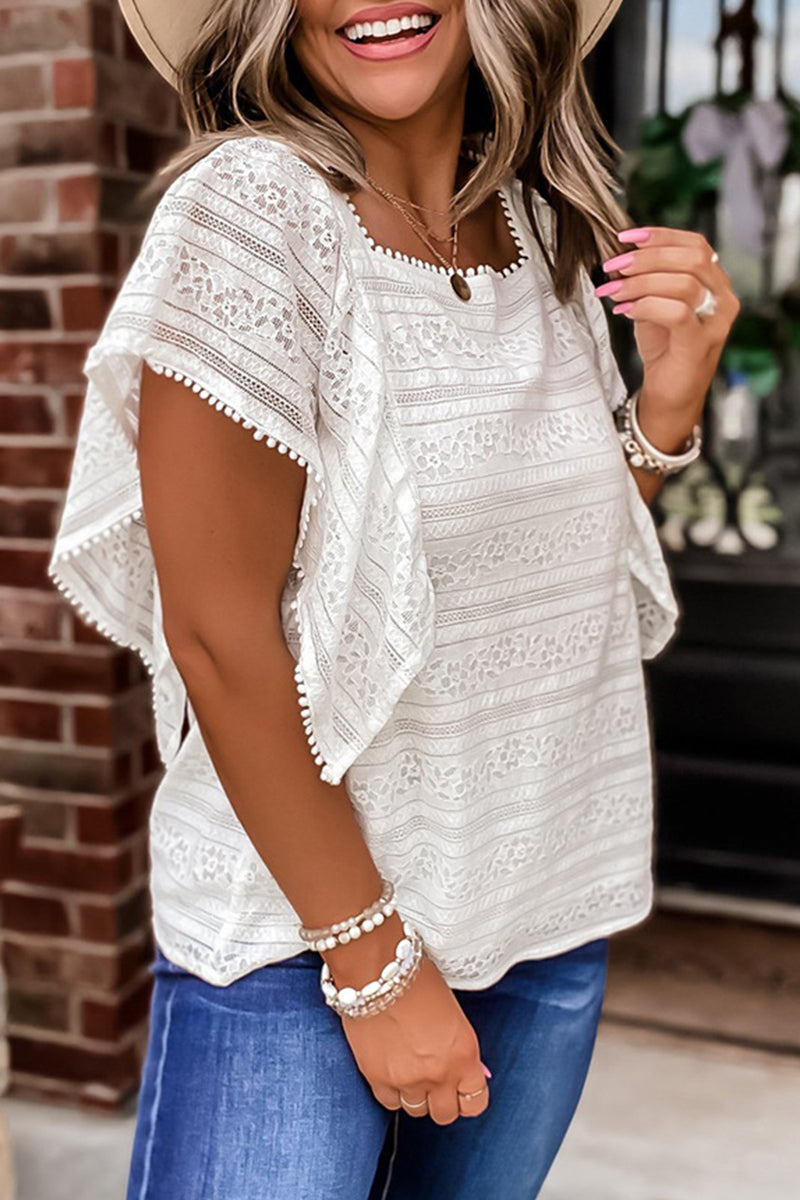 Cintia® | Casual, simple tops with solid lace and hollow out O-neck