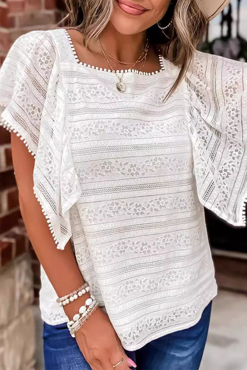 Cintia® | Casual, simple tops with solid lace and hollow out O-neck