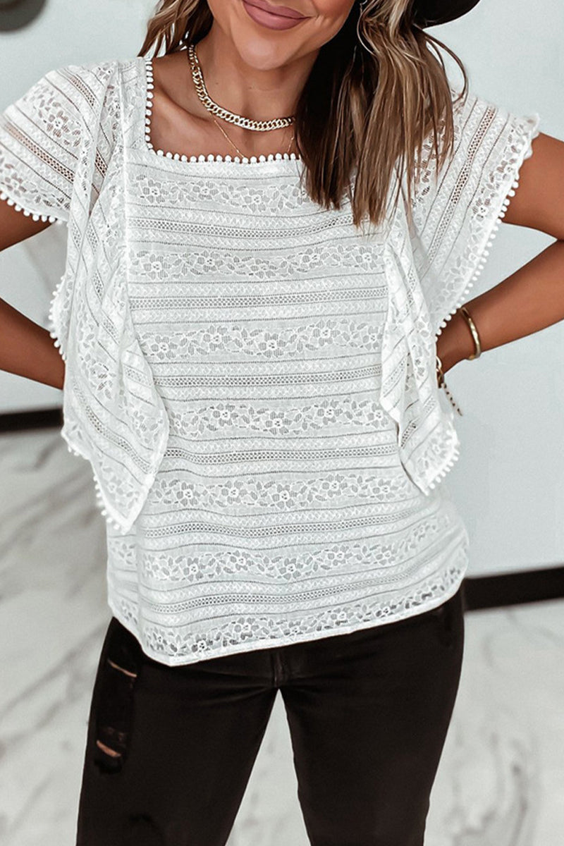 Cintia® | Casual, simple tops with solid lace and hollow out O-neck