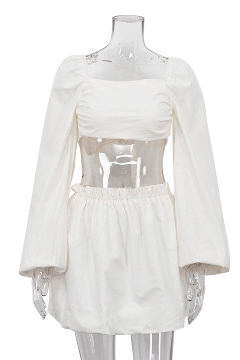 Angelica® | Sexy solid frenulum pleated square collar long sleeve two piece suit