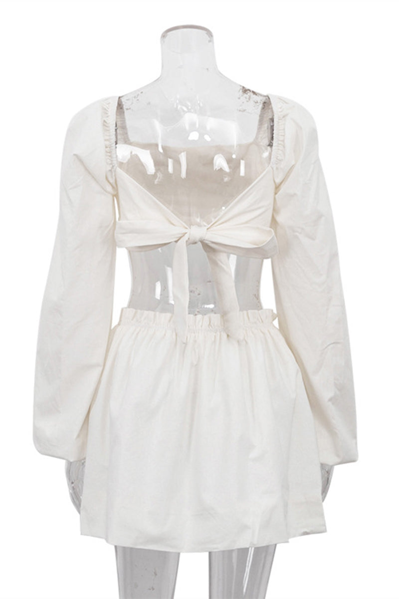 Angelica® | Sexy solid frenulum pleated square collar long sleeve two piece suit