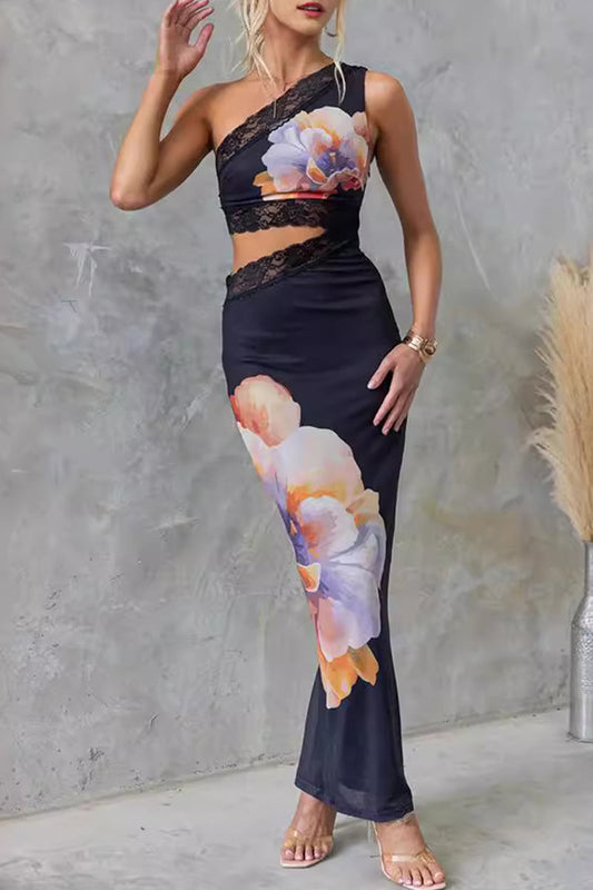 Aida® | Sexy Print Floral Lace Bias Collar One Step Skirt Dresses