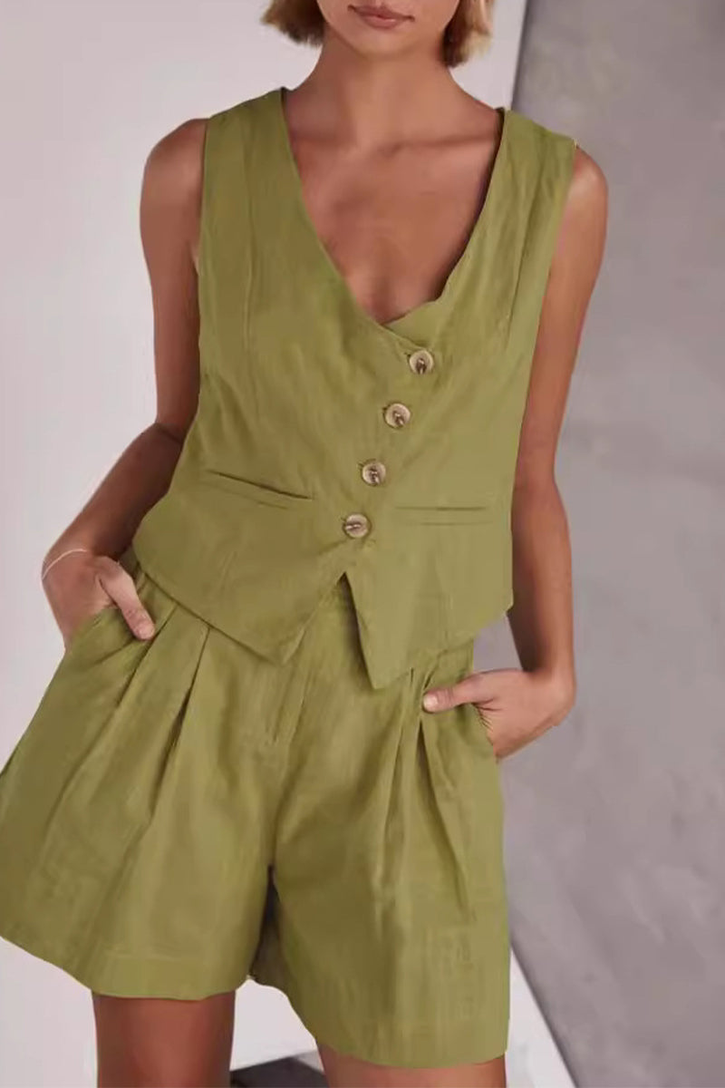 Denise® | Casual simplicity, solid pocket buttons, V-neck, sleeveless, two-piece