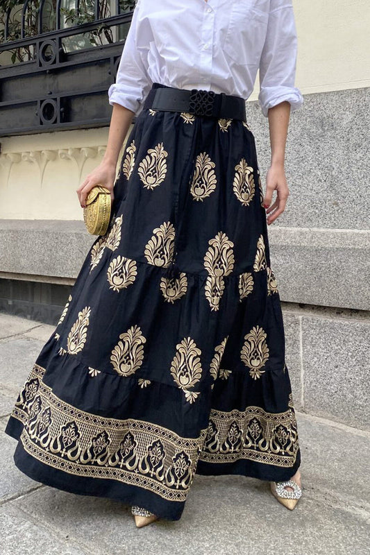 Antonella® | Elegant trousers with loose national totem print and high waist, type A positioning print