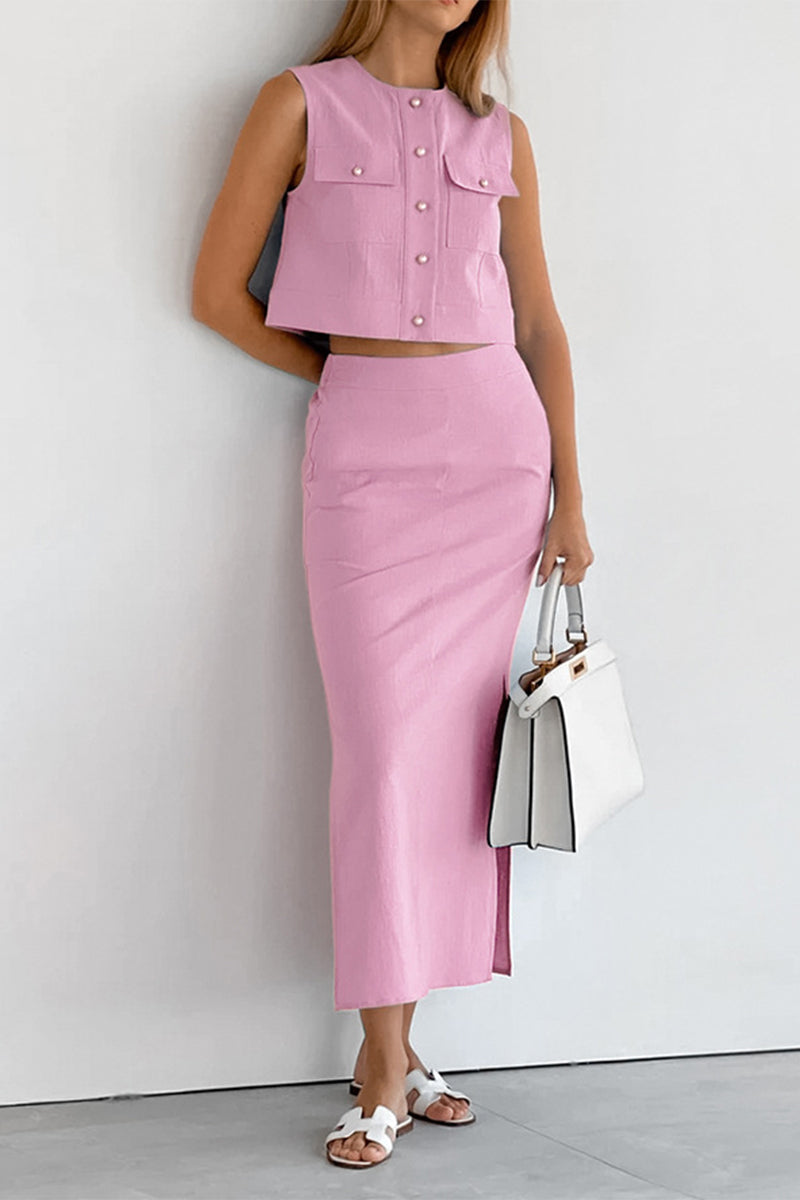 Clara® | Elegant simplicity, solid buttons, slit, O-neck, sleeveless, two piece