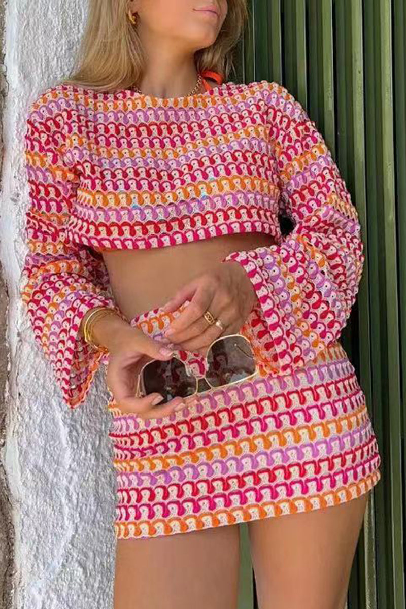 Camila® | Casual two-piece suit with color block lace and contrast O-neck and long sleeves