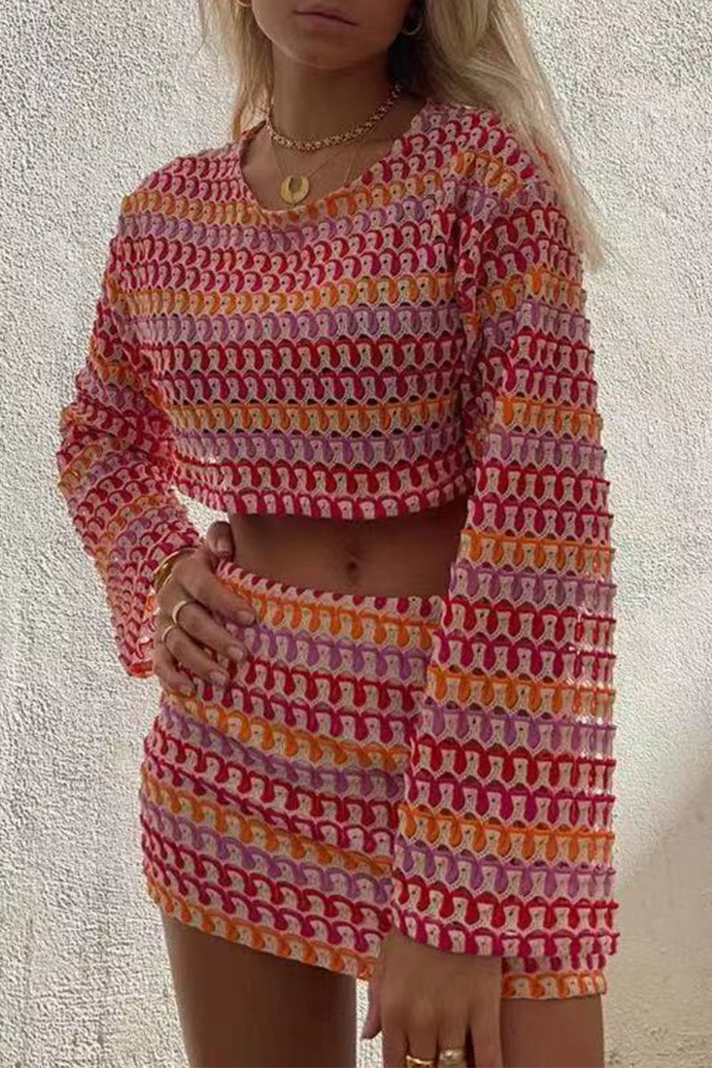 Camila® | Casual two-piece suit with color block lace and contrast O-neck and long sleeves