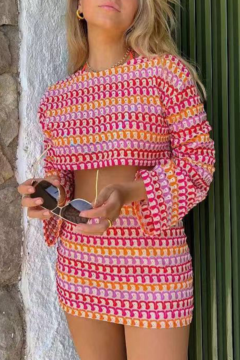 Camila® | Casual two-piece suit with color block lace and contrast O-neck and long sleeves