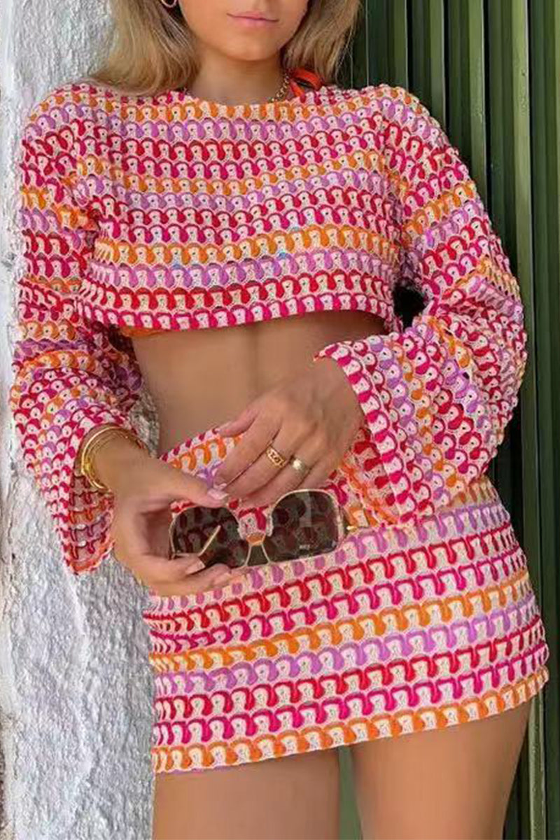 Camila® | Casual two-piece suit with color block lace and contrast O-neck and long sleeves