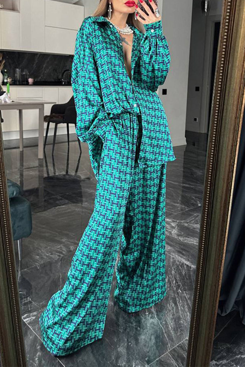 Anna® | Casual, daily, long-sleeved two-piece suit with geometric print and contrast turn-down collar