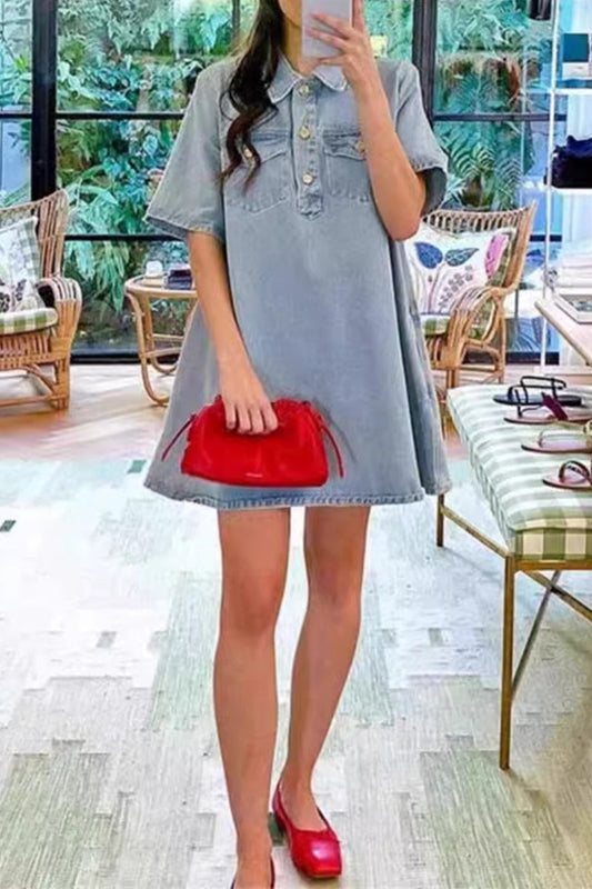 Cecilia® | Casual, daily, solid color buttons, turn-down collar, short sleeves, loose denim dresses