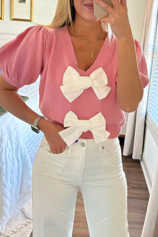 Begoña® | Casual everyday tops with plain bow decoration and V-neck