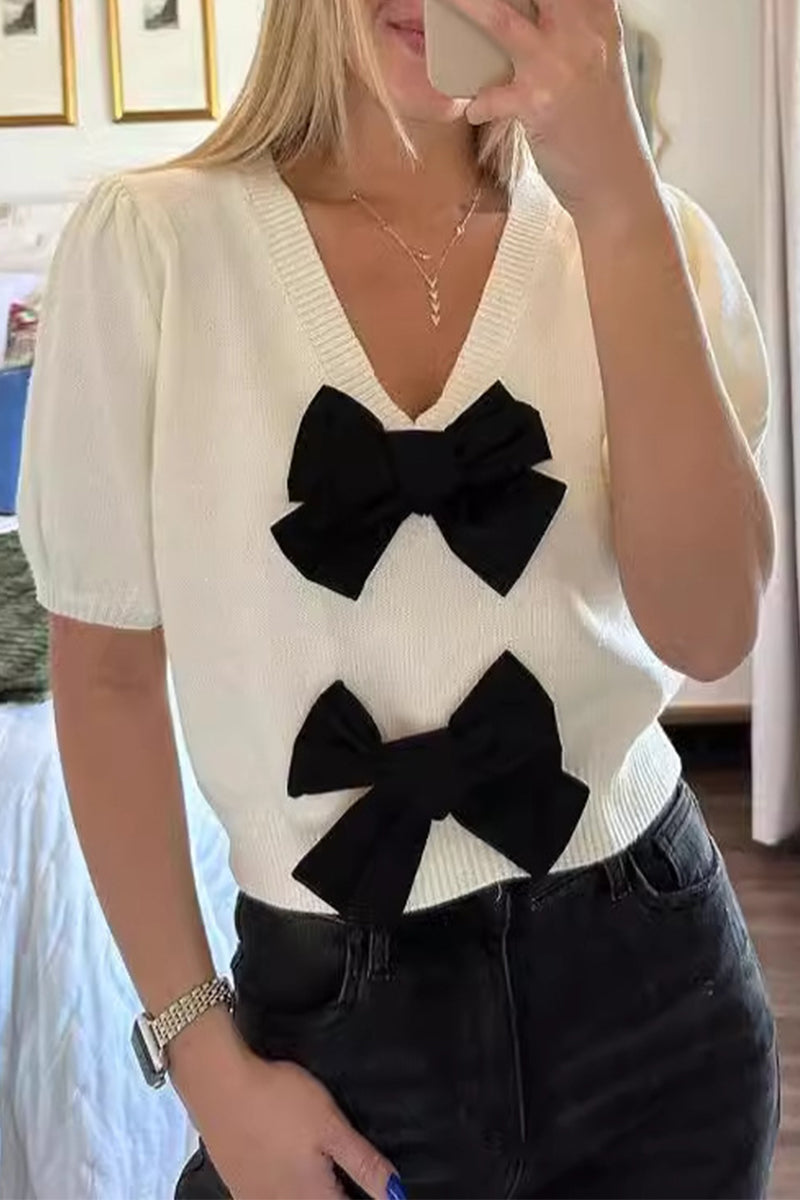 Begoña® | Casual everyday tops with plain bow decoration and V-neck