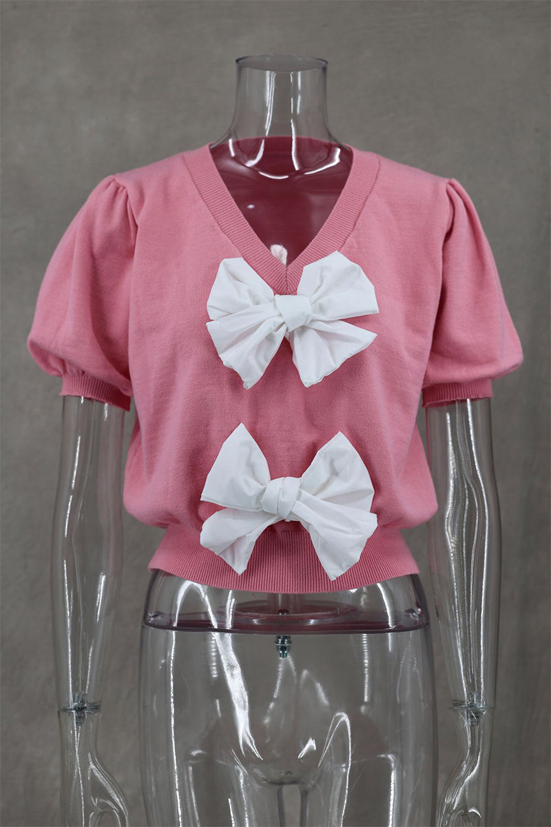 Begoña® | Casual everyday tops with plain bow decoration and V-neck