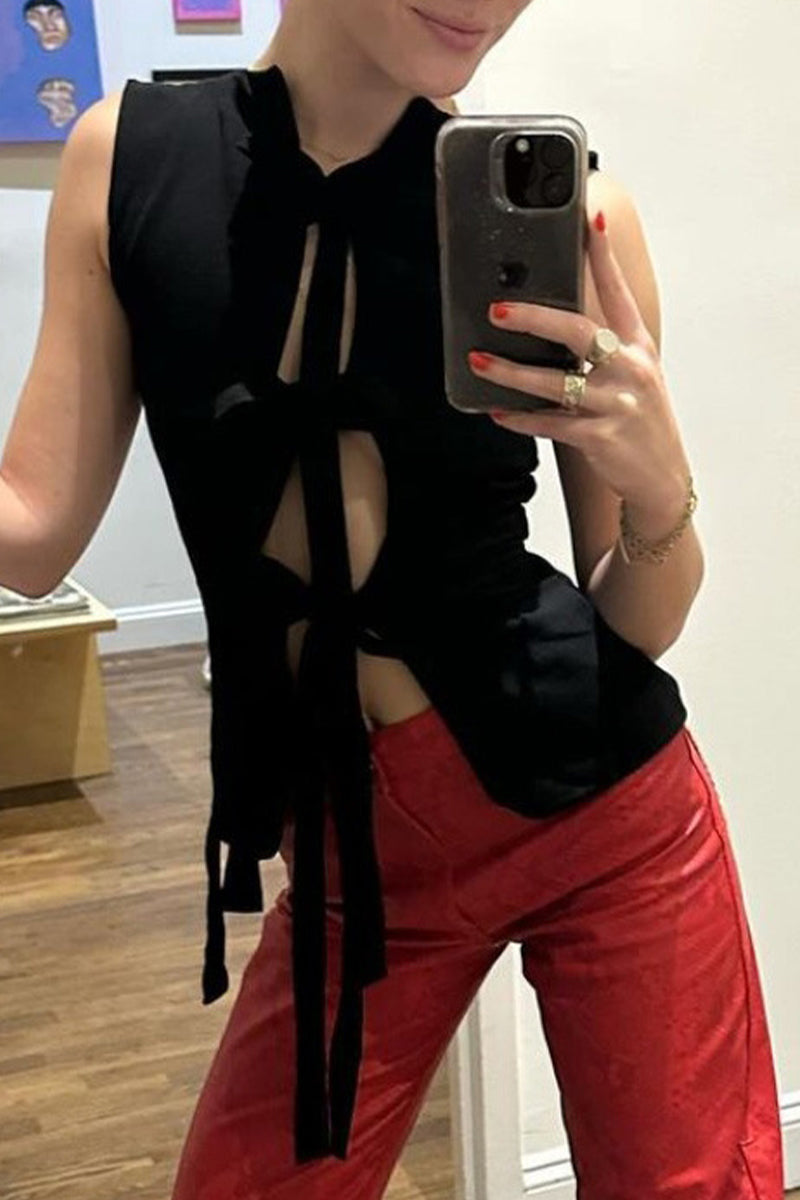 Alba® | Sexy solid color lace-up V-neck tops