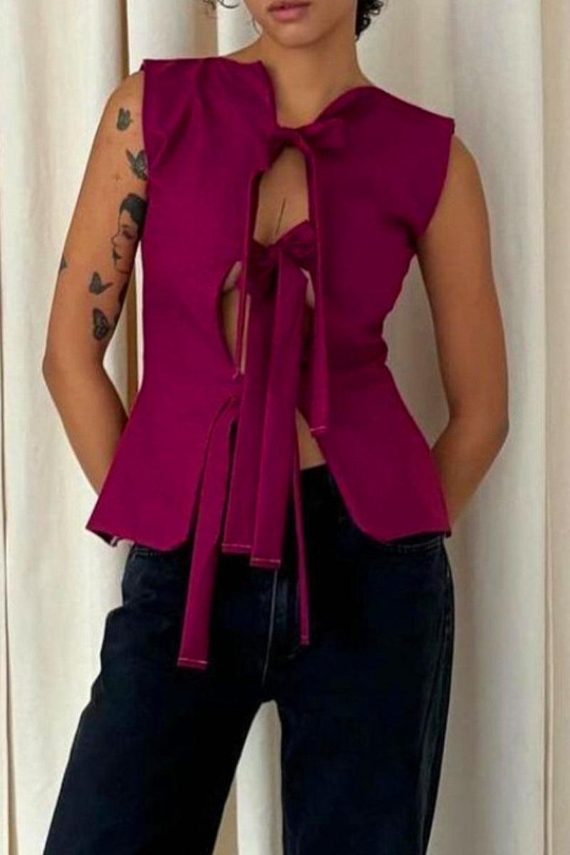 Alba® | Sexy solid color lace-up V-neck tops
