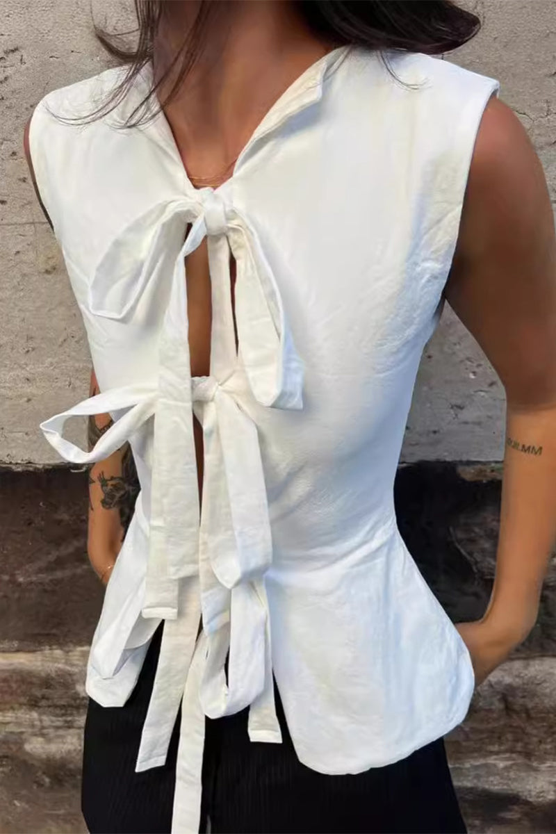 Alba® | Sexy solid color lace-up V-neck tops