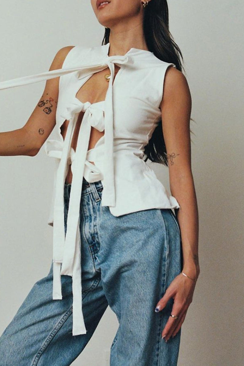 Alba® | Sexy solid color lace-up V-neck tops