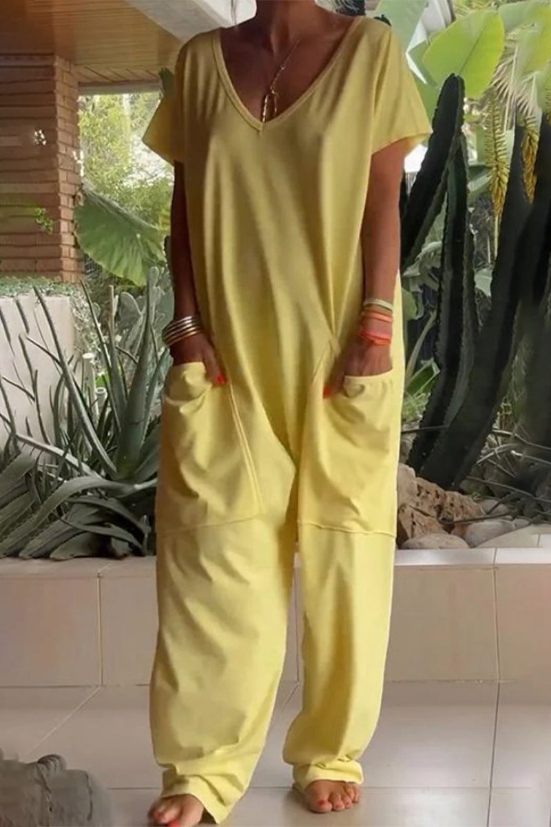 Daniela® | Casual Daily Solid Color Loose V-Neck Pocket Jumpsuits (8 Colors)