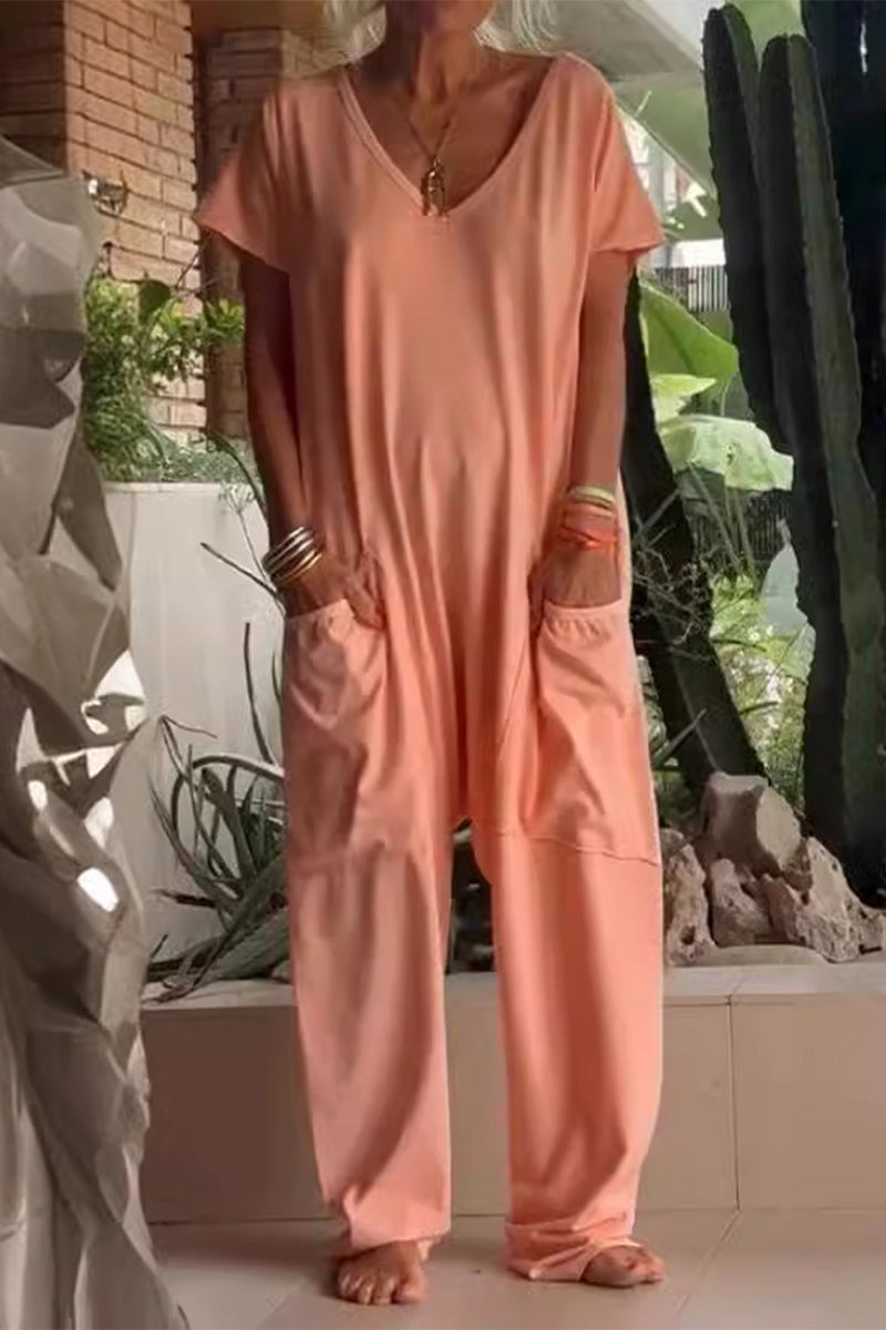 Daniela® | Casual Daily Solid Color Loose V-Neck Pocket Jumpsuits (8 Colors)