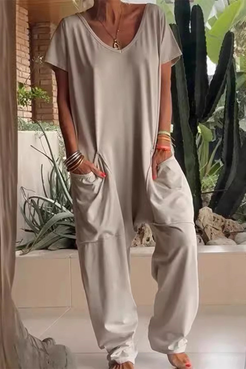 Daniela® | Casual Daily Solid Color Loose V-Neck Pocket Jumpsuits (8 Colors)