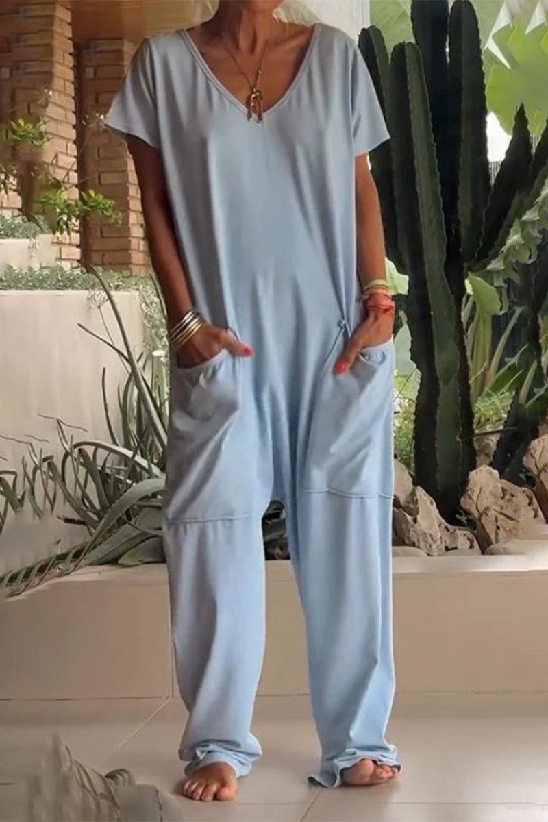 Daniela® | Casual Daily Solid Color Loose V-Neck Pocket Jumpsuits (8 Colors)