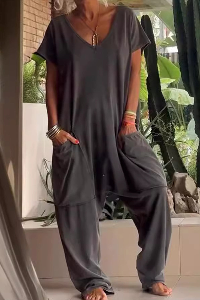 Daniela® | Casual Daily Solid Color Loose V-Neck Pocket Jumpsuits (8 Colors)