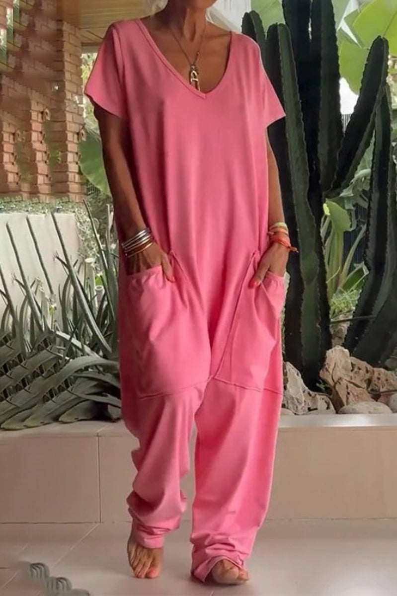 Daniela® | Casual Daily Solid Color Loose V-Neck Pocket Jumpsuits (8 Colors)