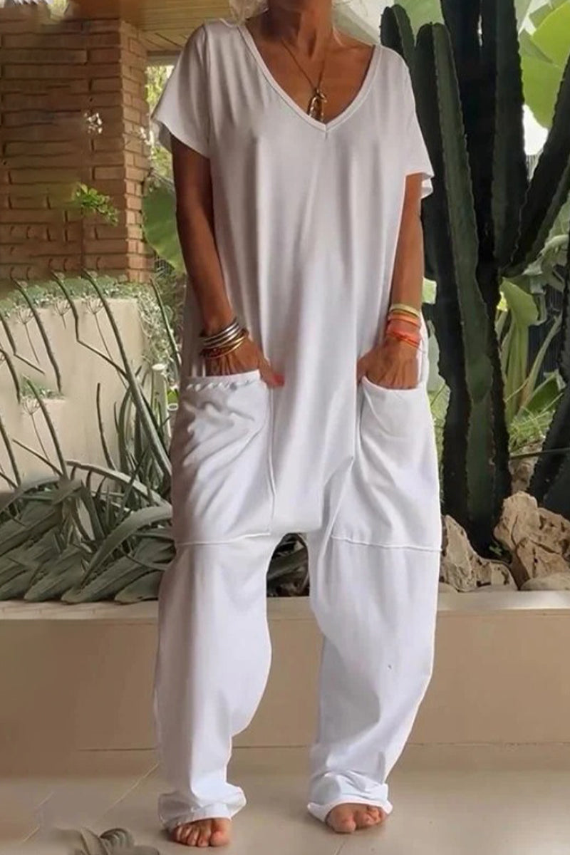 Daniela® | Casual Daily Solid Color Loose V-Neck Pocket Jumpsuits (8 Colors)