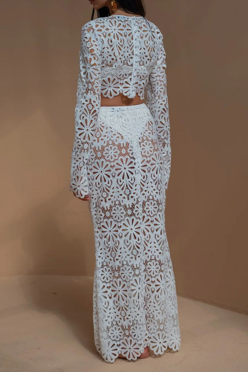 Carla® | Sexy solid color lace with hollow out O-neck and long sleeves two piece