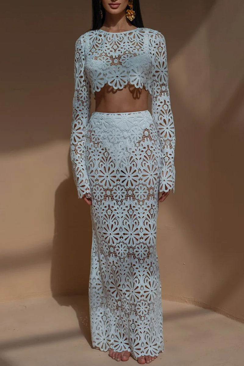 Carla® | Sexy solid color lace with hollow out O-neck and long sleeves two piece