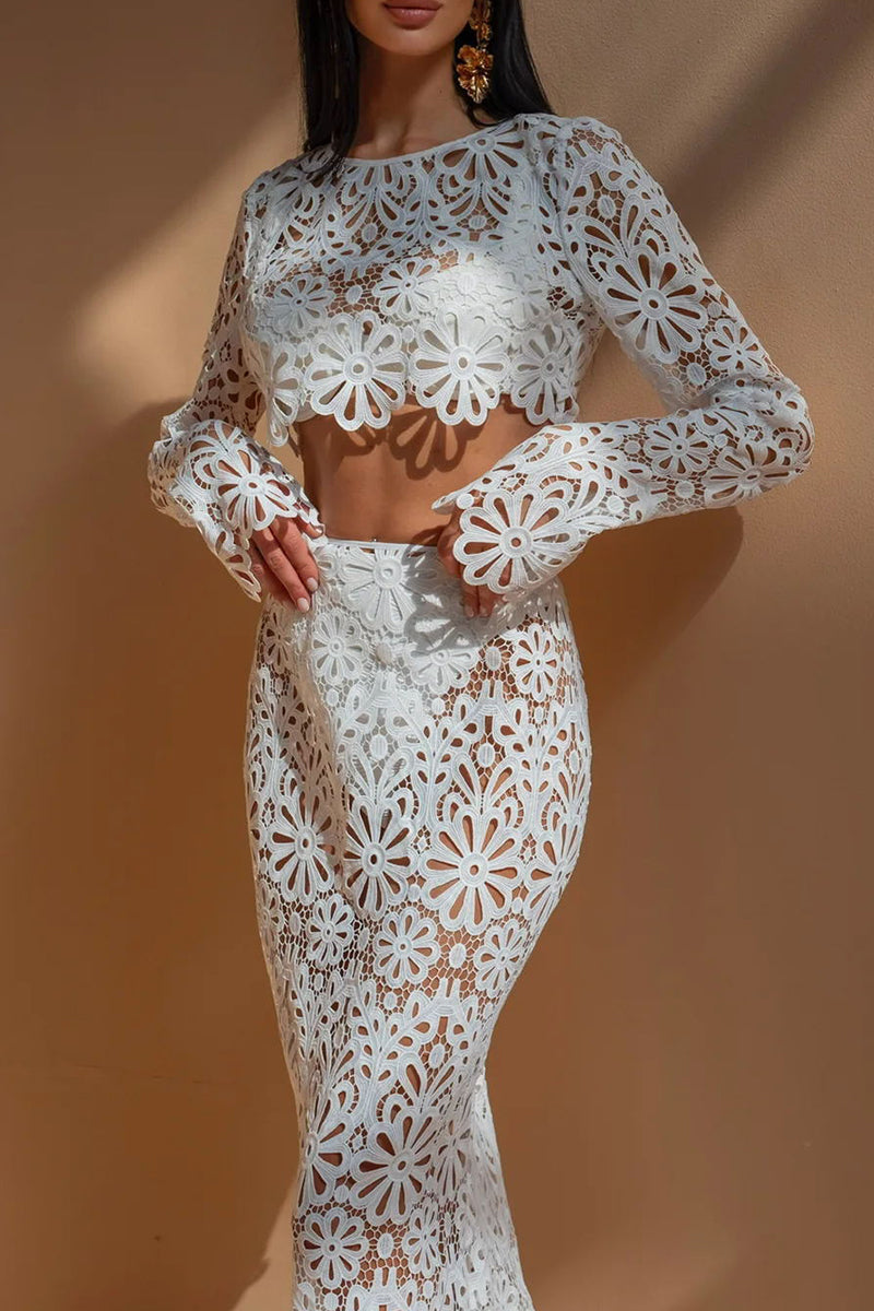Carla® | Sexy solid color lace with hollow out O-neck and long sleeves two piece