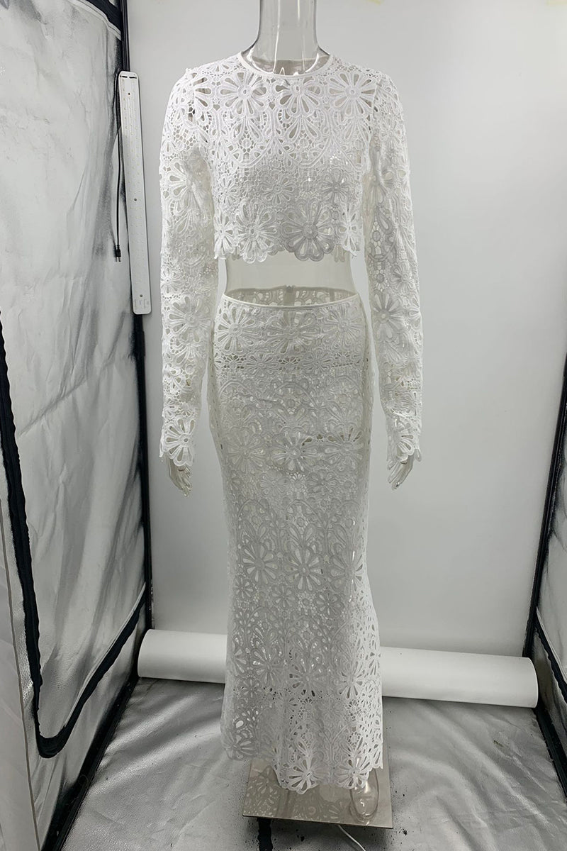 Carla® | Sexy solid color lace with hollow out O-neck and long sleeves two piece