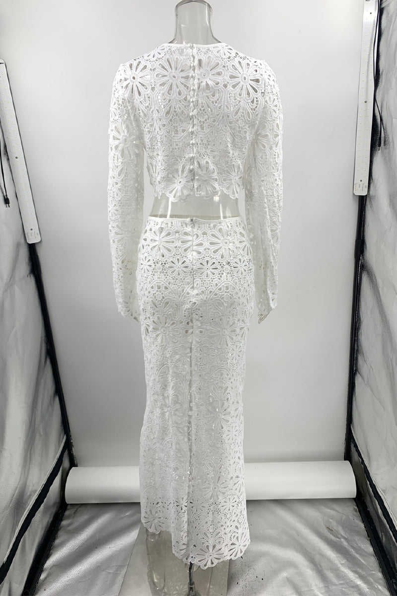 Carla® | Sexy solid color lace with hollow out O-neck and long sleeves two piece