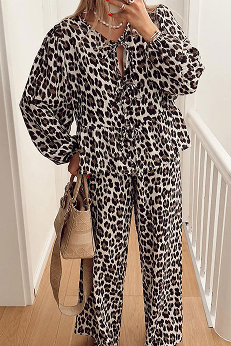 Annelise® | Casual daily leopard print lace up ruffle O-neck long sleeve two piece suit