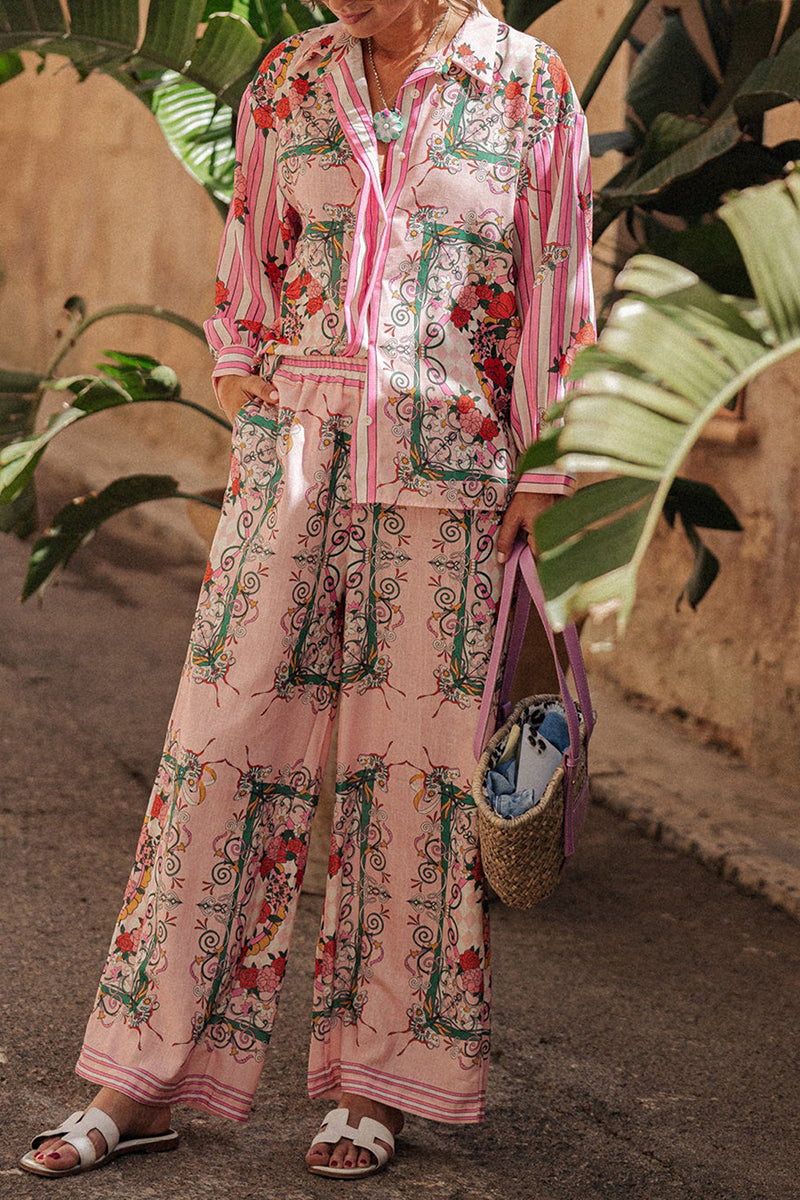 Annelies® | Casual street floral print pocket turn-down collar long sleeve two-piece suit