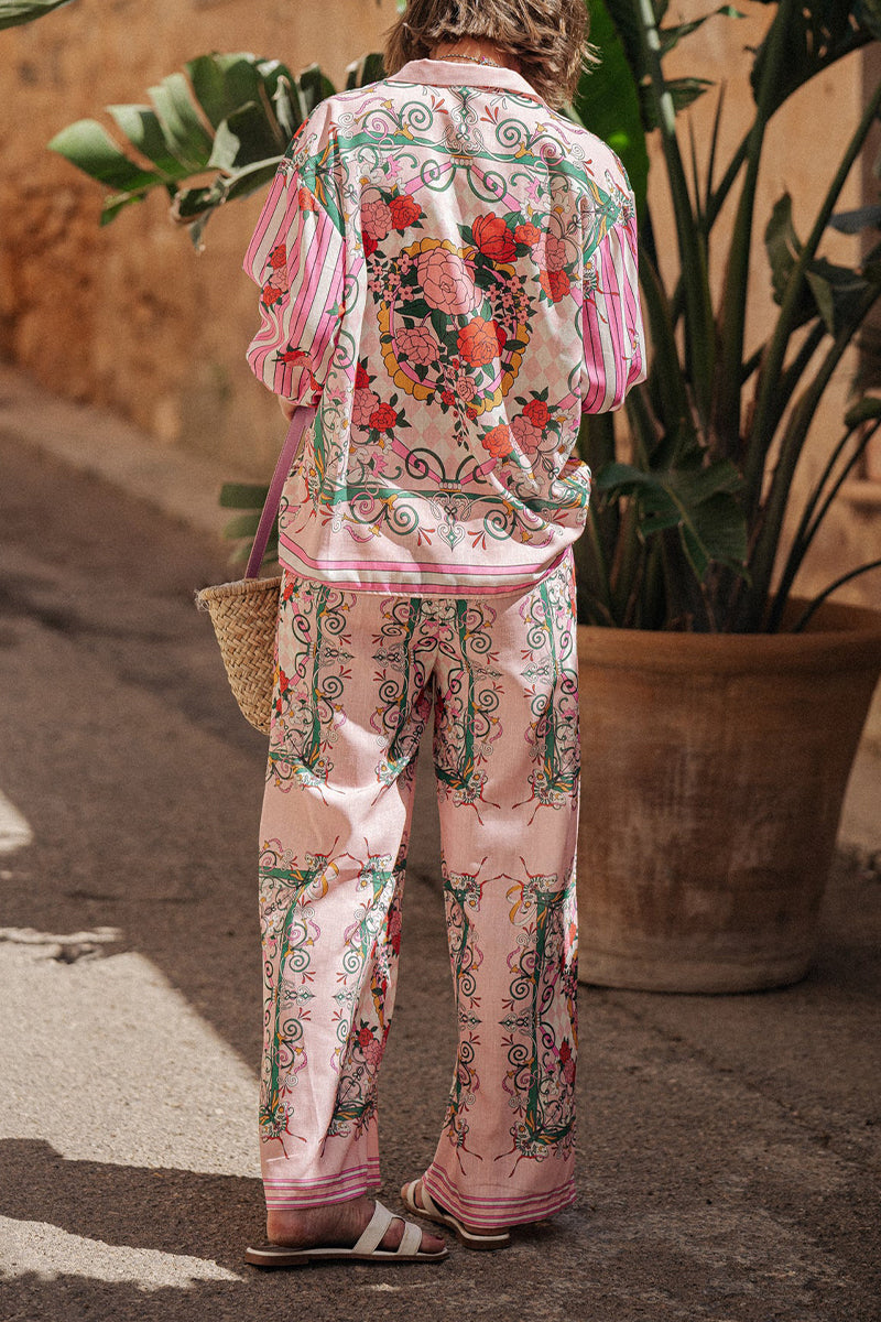 Annelies® | Casual street floral print pocket turn-down collar long sleeve two-piece suit